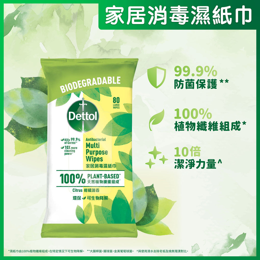 Dettol Biodegradable Antibacterial Multipurpose Wipes 80S Twin Pack